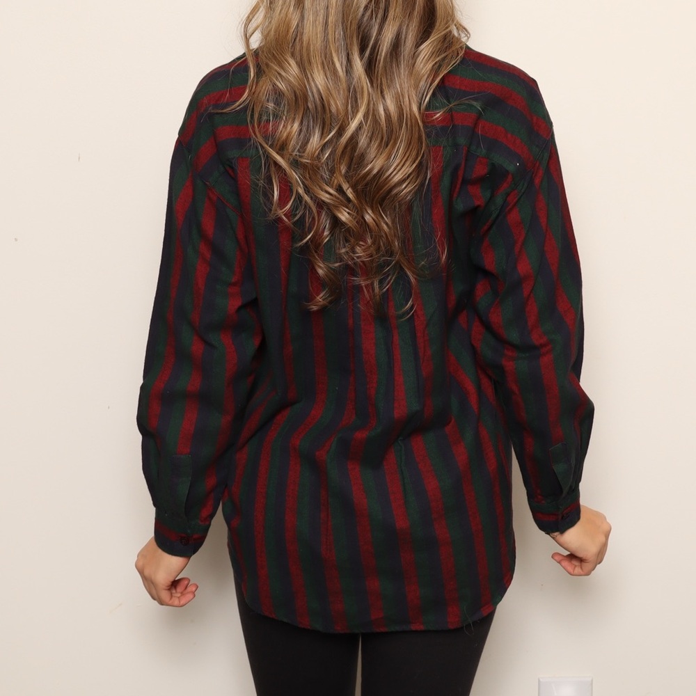 Vintage SAGE Men's Striped Green and Red Casual Button Shirt - Picture 5 of 5